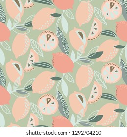 Vector seamless pattern with lemons, branches, absdtact textures. Fruit repeated background. Colorful endless print for fabric or paper.