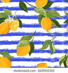 Vector seamless pattern with lemons branches and watercolor horizontal blue stripes. Citrus tropical fruits trendy background. Fashion textile print, fabric, wrapping paper design