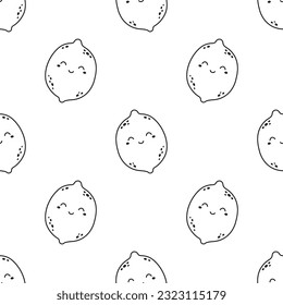 vector seamless pattern with lemons character, cute outline fruit illustration in black and white colors