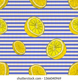 Vector Seamless Pattern, Lemons, citrus Background, Striped Blue and White Backdrop and Bright Yellow Citrus, Linen Textile Texture.