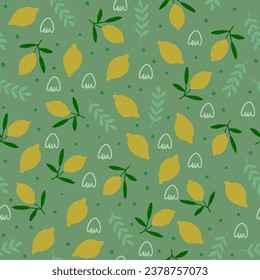 Vector seamless pattern with lemons, doodles on green background. Retro vibes fruits pattern, vintage kitchen background