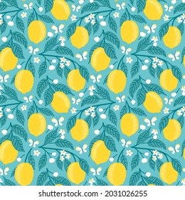 Vector seamless pattern with lemons, flowers and butterflies. Bright floral repeated texture with blooming lemon branches. Elegant spring print with fruits for fabric and wrapping paper. 