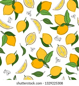 Vector seamless pattern with lemons, leaves and flowers. For design textile and cards. EPS 10