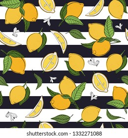 Vector seamless pattern with lemons, leaves and flowers. For design textile and cards. EPS 10