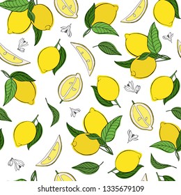 Vector seamless pattern with lemons, leaves and flowers. For design textile and cards. EPS 10