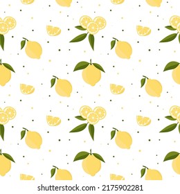 Vector seamless pattern with lemons and leaves. On a white background. Bright summer design