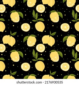 Vector seamless pattern with lemons and leaves. On a black background. Bright summer design