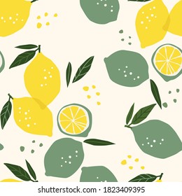 Vector seamless pattern with lemons and limes. Trendy hand drawn textures. Modern abstract design for paper, cover, fabric, interior decor and other users.