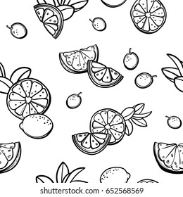 Vector seamless pattern with lemons, limes, oranges, kumquat and grapefruit. Citrus fruit mix. Can be use for fabric print, postcards or drink company.