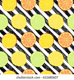 Vector seamless pattern with lemons, limes, oranges, kumquat and grapefruit. Citrus fruit mix. Can be use for fabric print, postcards or drink company.