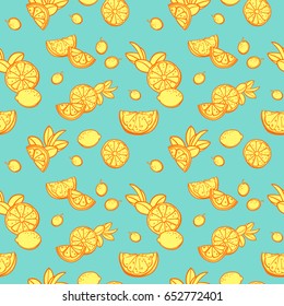 Vector seamless pattern with lemons, limes, oranges, kumquat and grapefruit. Citrus fruit mix. Can be use for fabric print, postcards or drink company.