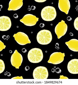 Vector seamless pattern lemons on black background. Cover, wallpaper, decoration, gift paper, textile