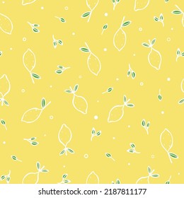 Vector seamless pattern with lemons on yellow background. For spring and summer decoration, fest invitations, fabric, kitchen textile, towels print, gift and wrapping paper, cover of cooking book.