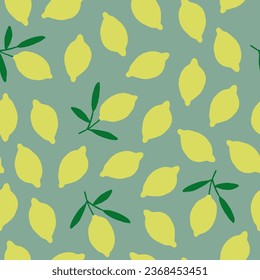 Vector seamless pattern with lemons on olive green background. Juicy fruits pattern.