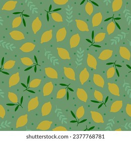 Vector seamless pattern with lemons on green background. Retro vibes fruits pattern, vintage kitchen background