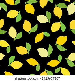 Vector seamless pattern with lemons on black background. Trendy hand drawn for paper, cover, fabric, interior decor 