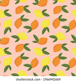 Vector seamless pattern of lemons and oranges with leaves on a pink background. Summer illustration with citrus fruits in yellow and orange colors for printing prints on fabrics, textiles, packaging.