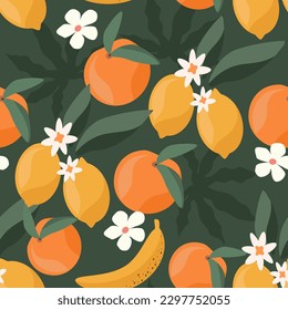vector seamless pattern with lemons, oranges, bananas and palm leaves. tropical pattern in a flat style. summer background