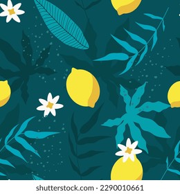 vector seamless pattern with lemons and palm leaves. tropical pattern in a flat style. summer background