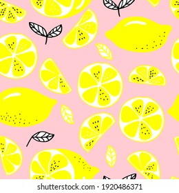 vector seamless pattern lemons and sliced lemons on a pink background. Summer lemon pattern for background, fabric, paper, textile, invitations, web pages.
