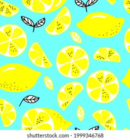 vector seamless pattern lemons and sliced lemons on a background. Summer lemon pattern for background, fabric, paper, textile, invitations, web pages.