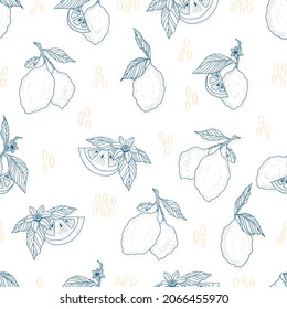 vector seamless pattern lemons and sliced lemons on background. Summer lemon pattern for background, fabric, paper, textile, invitations, web pages.