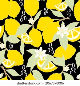 vector seamless pattern lemons and sliced lemons on a pink background. Summer lemon pattern for background, fabric, paper, textile, invitations, web pages.