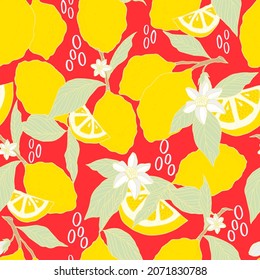 vector seamless pattern lemons and sliced lemons on  background. Summer lemon pattern for background, fabric, paper, textile, invitations, web pages.