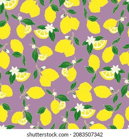 vector seamless pattern lemons and sliced lemons on a pink background. Summer lemon pattern for background, fabric, paper, textile, invitations, web pages.
