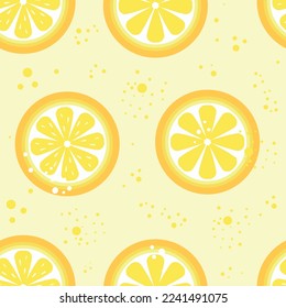 Vector seamless pattern with lemons and splashes on a yellow background.