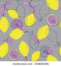 Vector seamless pattern with lemons and stripes