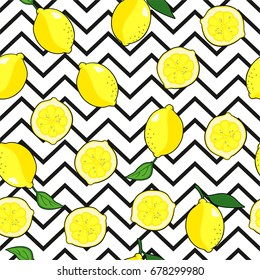 Vector seamless pattern with lemons and stripes. Lemon vector pattern with zig zag texture.