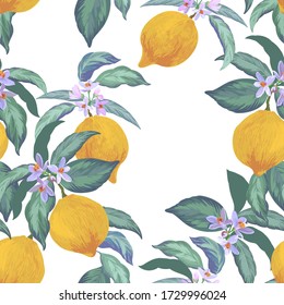 Vector seamless pattern with lemons. Summer botanical illustration.Templete for cover, paper, textile, background. Lemon illustration.