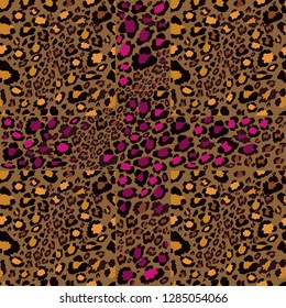 Vector Seamless pattern of leoapard skin in yellow with pink in crosses on brown background, Wild Animals pattern for textile or wall paper