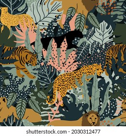 Vector seamless pattern with leopard, cheetah, tiger, panther and tropical leaves. Trendy illustration in a modern style.