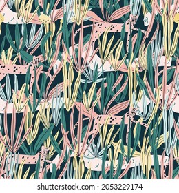 Vector seamless pattern with leopard, exotic plants, jungle leaves, snags