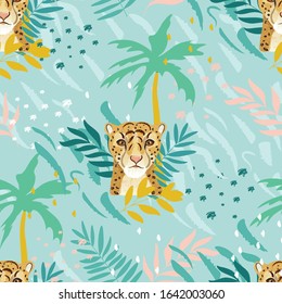 Vector seamless pattern with leopard portrait and tropical leaves. Exotic wallpaper, digital paper, fashion kids prints, children artworks.Trendy illustration.