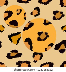 Vector Seamless pattern of leopard skin in yellow and black on yellow circle background, Wild Animals pattern for textile or wall paper