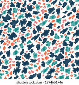 Vector Seamless pattern of leopard skin in bright green, blue, pink and orange on red background, Wild Animals pattern for textile or wall paper, illutration leopard print