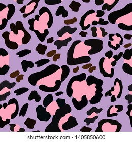 Vector Seamless pattern of leopard skin in pink and black on purple pastel background, Wild Animals pattern for textile or wall paper, illustration  leopard print