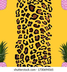 Vector Seamless pattern of leopard skin and pink pineapple on yellow background,illustration Leopard print, Wild Animals and topical fruit pattern for funtime on summer hoilday concept