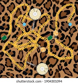 Vector Seamless pattern of leopard skin with gold chains with gemstone, peridot, blue topaz and vintage clock, Wild Animal pattern in brown and black colour for Vintage patch for textile and scarfs svg