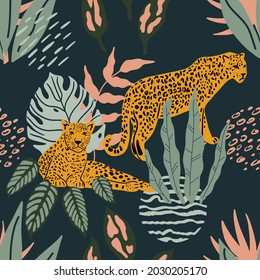 Vector seamless pattern with leopard, tropical leaves and abstract shapes. Trendy illustration in a modern style.