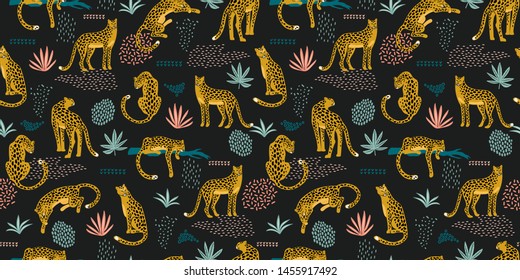 Vector seamless pattern with leopards and abstract tropical leaves. Trendy style.