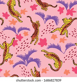 Vector seamless pattern with leopards, exotic flowers and tropical leaves on a pink background.