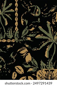 Vector seamless pattern with leopards, flowers, and tropical leaves. Trendy style.