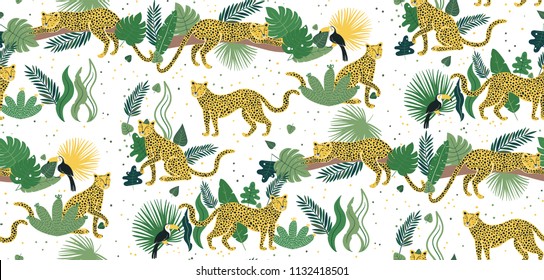 Vector seamless pattern of leopards in jungle. Summer tropical illustration. Pattern illustration of cartoon character leopard, toucan and jungle leaves for kids. 