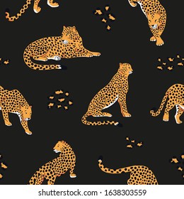 Vector seamless pattern with leopards on the black background.