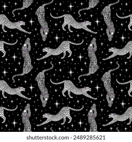 Vector seamless pattern with leopards and stars.