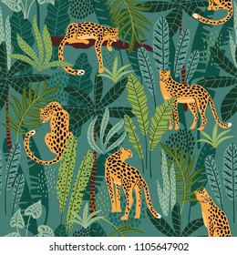 Vector seamless pattern with leopards and tropical leaves. Trendy style.